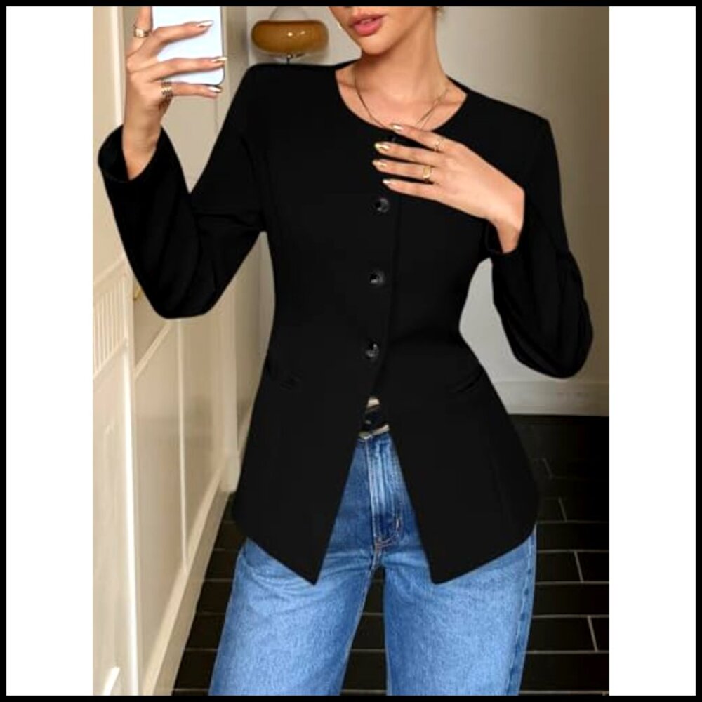Fitted Blazer Collarless Split Hem Work Office Bu… - image 2